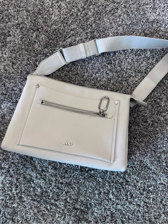 DKNY Light Gray Pebbled Leather Crossbody with Silver Hardware