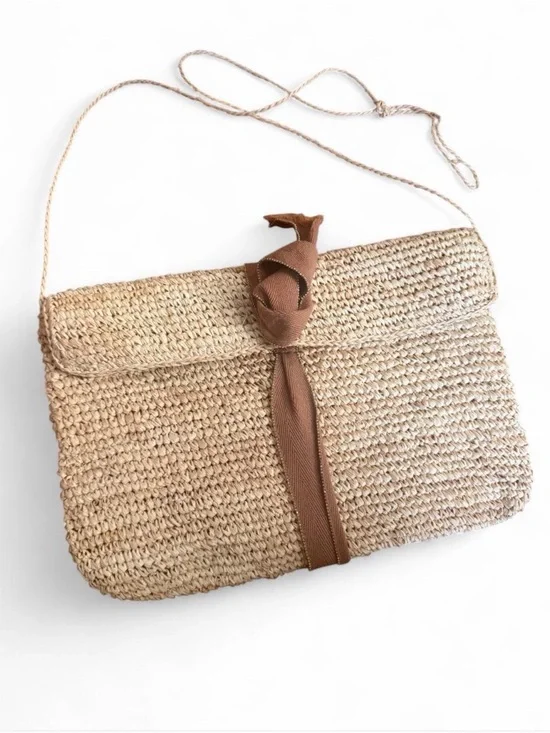 Woven Straw Crossbody Bag with Brown Ribbon - Women