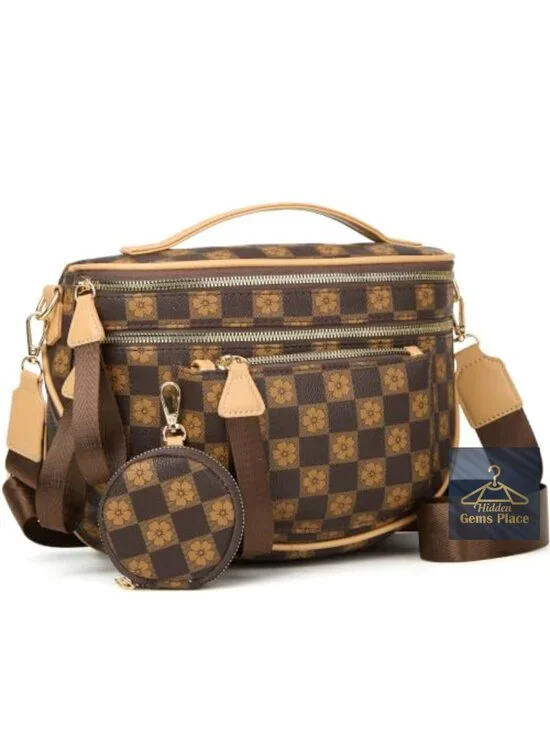 Vegan Leather Crossbody Bag with Adjustable Strap, Large Capacity, Checkered
