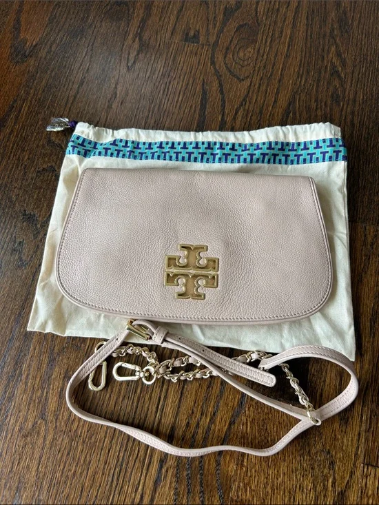 Tory Burch Pale Pink Pebbled Leather Crossbody with Gold Logo