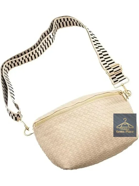 Pressed Woven Vegan Leather Crossbody Bag with Adjustable Strap