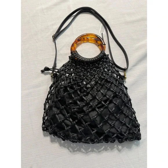 Anthropologie Black Macrame Net Bag Tortoiseshell Ring Handle Crossbody Pouch