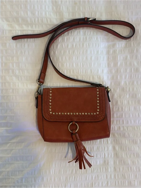 Tassel Studded Crossbody Bag - Brown