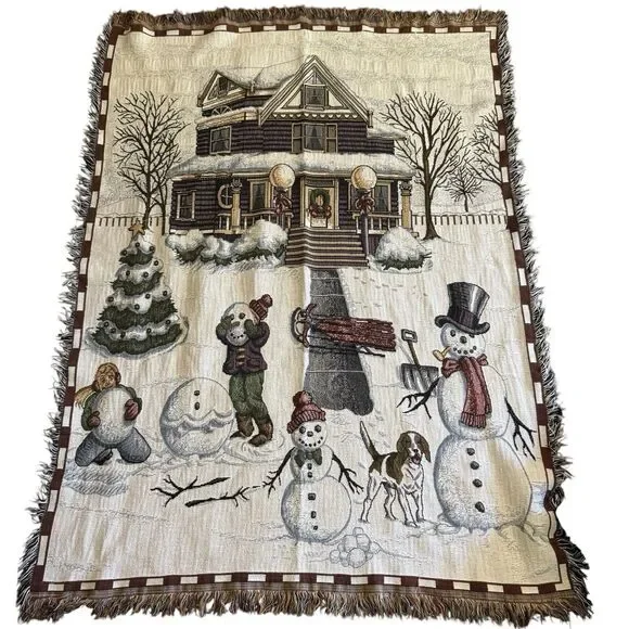 VINTAGE CHRISTMAS AFGHAN TAPESTRY THROW‎  FRINGE 48” x 60” DOG HOUSE SNOWMAN