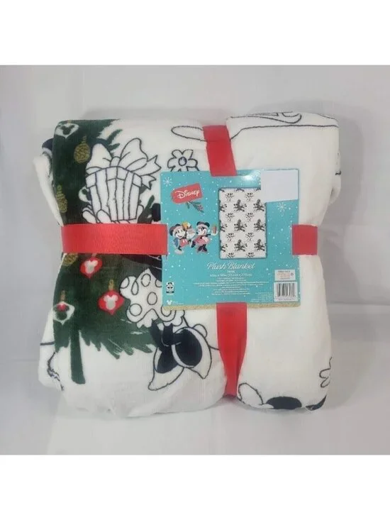 Disney Christmas Plush Blanket 60 x 90 Mickey Minnie Mouse Xmas Tree Ice Skate