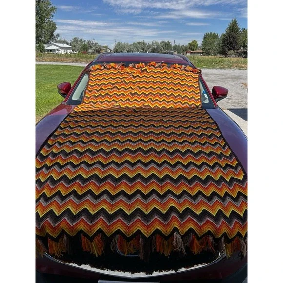 Vintage Crochet Chevron Afghan Throw 48x96 Brown Orange Gold Fringe