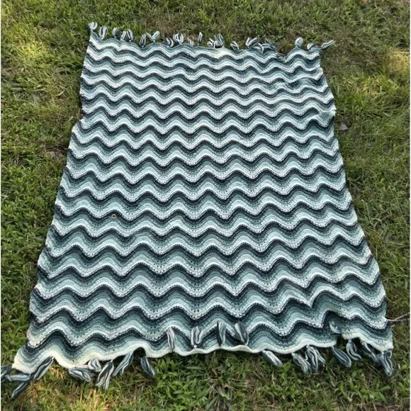 Vintage Crochet Knit Afghan Throw Blanket Multicolor Green White Striped 55