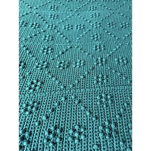Hand Crocheted Bobble Throw Blanket Dark Green Afghan 57x64 Cottage Boho Vintage