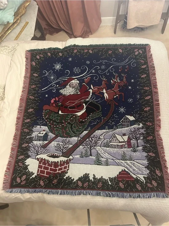 Tapestry Santa Sleigh Holiday Throw Blanket - Navy and Red