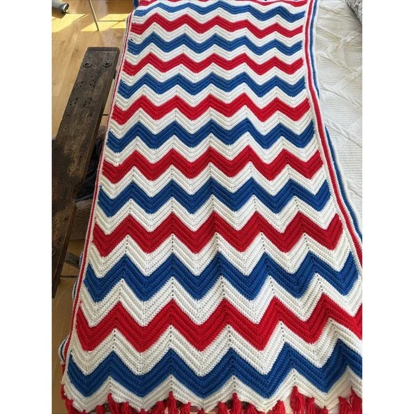 vintage hand crocheted Red White Blue Throw Blanket 39in‎ W X 72 in L GWB002
