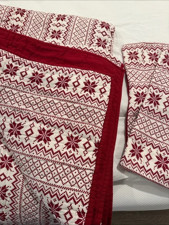 Restoration Hardware Red and Cream Festive Quilted Throw