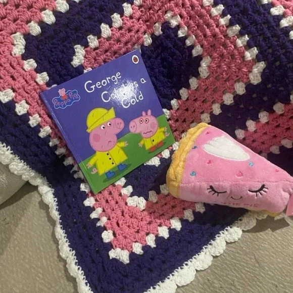 Handmade crochet blanket (33x33)with book and animal set.