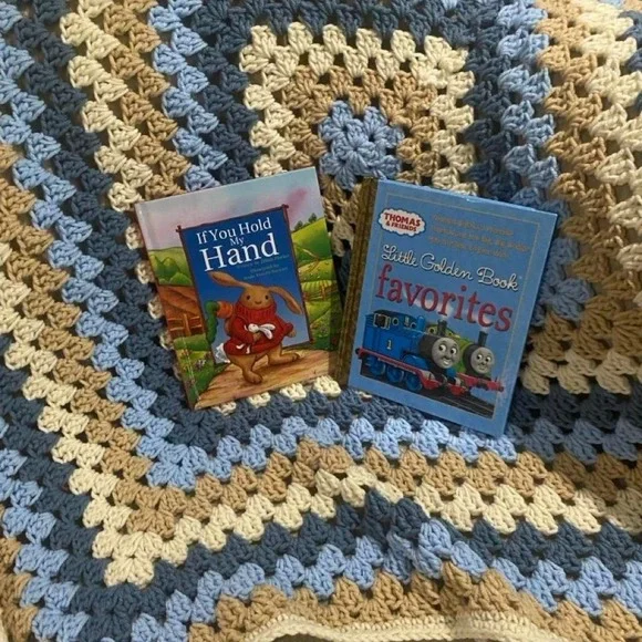 Handmade blue and cream crochet blanket (46x46)with two children's books