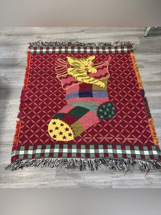 Vintage Christmas cat Stocking woven Throw Blanket holiday late 90s