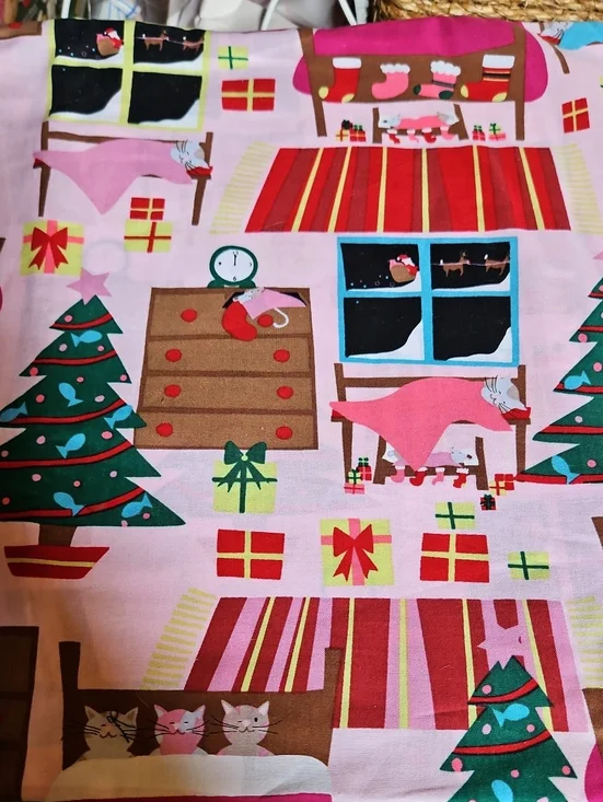 Vintage Holiday Home Cotton Fabric - Pink Christmas Tree & Gifts Print 2.5 Yards