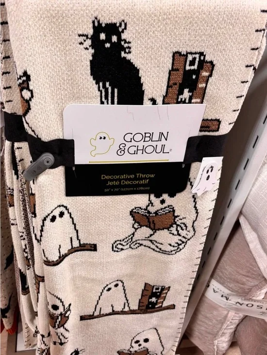 Viral Goblin & Ghoul Cream Halloween Ghost reading book with black cat Throw