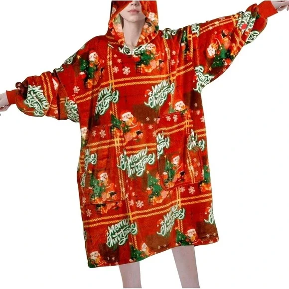 Christmas‎ Oversized Flannel Wearable Blanket Hoodie for Adults, One Size