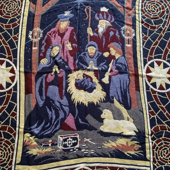 Nativity Scene Tapestry Knit Fringe Trim Throw Blanket Holiday Christmas
