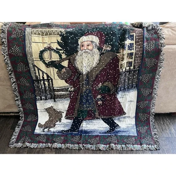 Christmas Santa Claus Toys Tapestry Throw Blanket 57x52 Walking Fringe