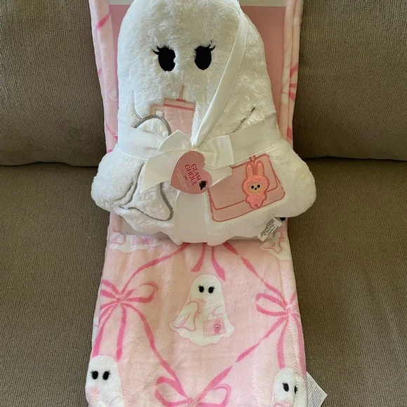 Glam Ghoul Pink Coquette Ghost Holding Stanley and Labubu Throw and Pillow Set