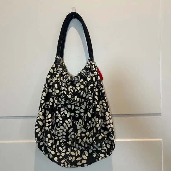 Black & Cream Leaf Print Hobo Bag Purse Drawstring Closure Red Lining‎ Boho