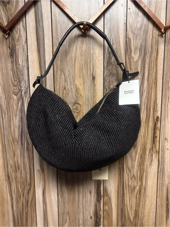 Mansur Gavriel Black Fortuna leather trimmed  raffia shoulder bag