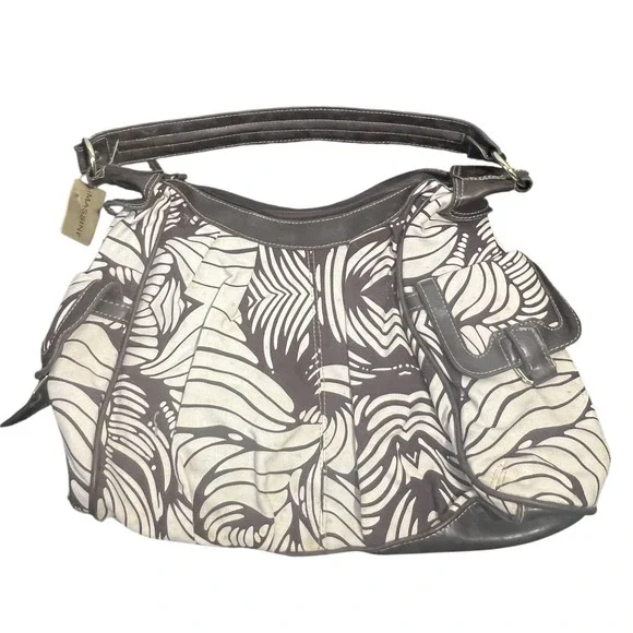 Massini Brown Cream Palm Leaf Pattern‎ Hobo Shoulder Bag Faux Leather Trim New