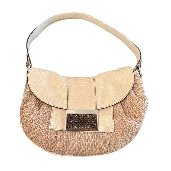 Calvin Klein Snakeskin Print Woven Hobo Bag Beige and Tan