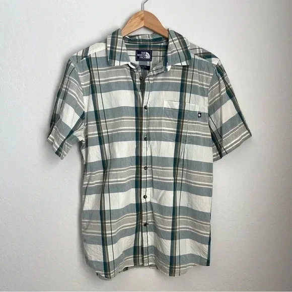 The North Face Men's Teal Green Plaid Short Sleeve Button Up Shirt Size Medium
