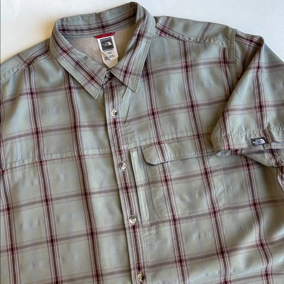 North Face Polyester Blend Green Plaid‎ Shirt Zip Pocket Outdoors Work Mens XL