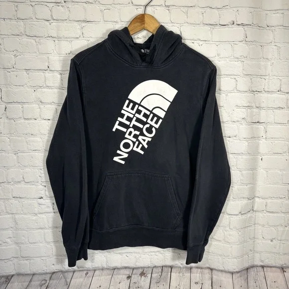 The North Face Hoodie Mens Small Faded Black Spellout‎ Graphic Hike Outdoors