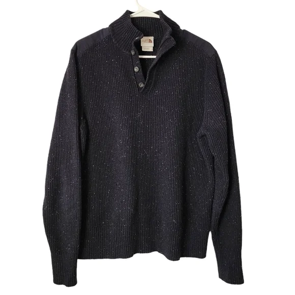 NORTH FACE Mock Neck 1/4 button up knit sweater in marled‎ navy wool blend Large
