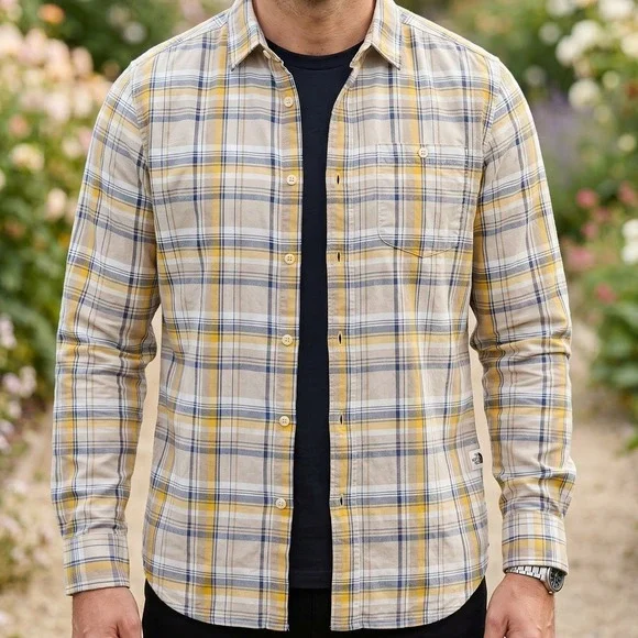 The‎ North Face Mens Plaid Button Down Shirt Tan Yellow Long Sleeve Outdoors