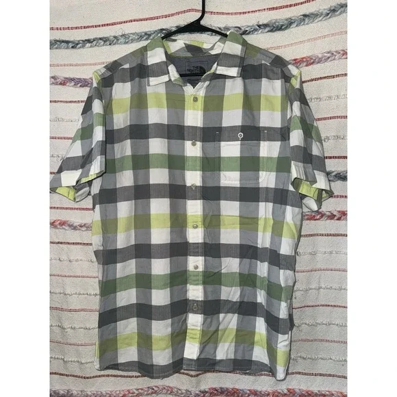 The North Face Short Sleeve Button Down Shirt M Size XL Green, Gray, White Plaid