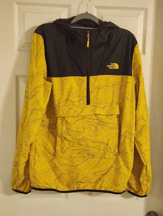 The North Face x UO Fanorak Mens L Yellow Black Topography Print Hooded Jacket