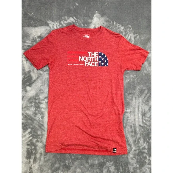 The North Face Mens Americana Logo T-Shirt Red Heather USA Flag Graphic Small