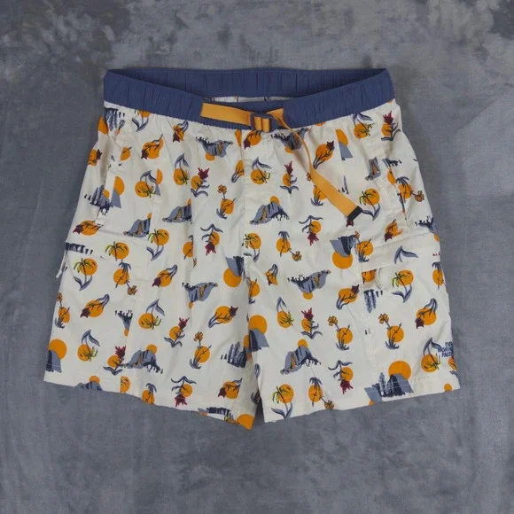The North Face Class V Belted Shorts Mens M Cream Graphic Print Hiking Outdoor