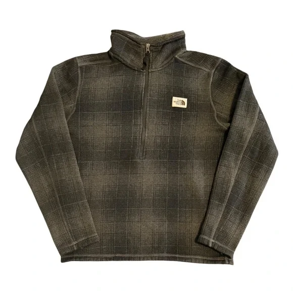 The North Face Plaid Quarter Zip Fleece Pullover Mens Medium Grey Check Pocket