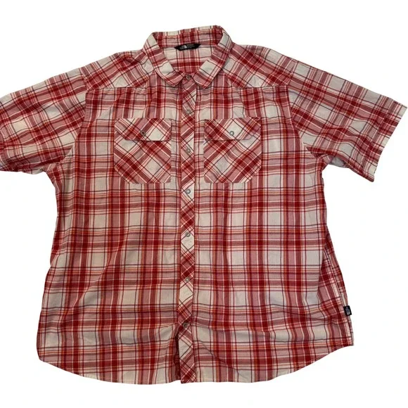The North Face Mens XL Red Plaid Short Sleeve Snap Front Hiking Shirt Outdoor