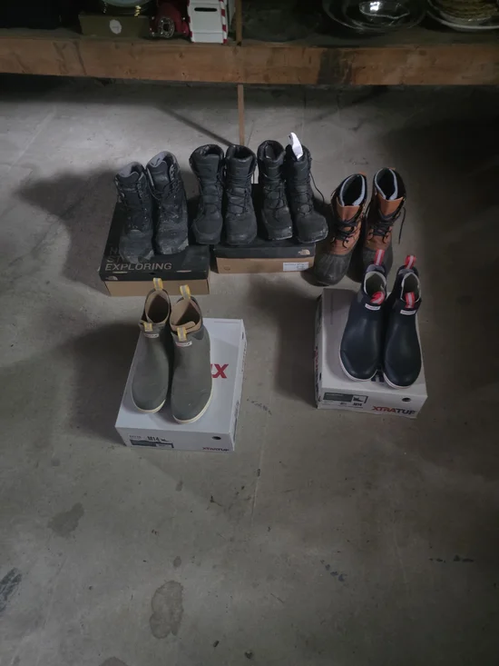 Six Pairs Of Men's Winter Boots. Size 14. All Insulated Or Waterproof.