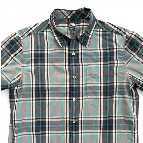 The North Face Button Down Shirt‎ Mens Medium Grey Teal Good Plaid Short Sleeve