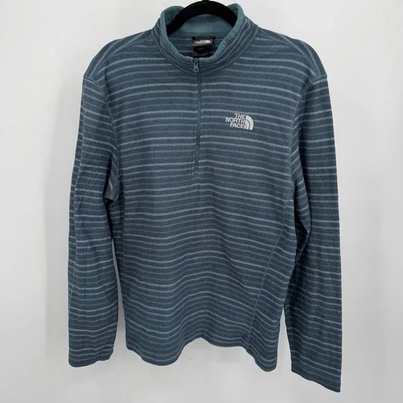 The North Face Mens‎ M Pullover Long Sleeve Shirt Blue Gray Striped Quarter Zip