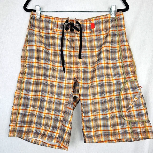 The North‎ Face Board Shorts Orange Gray White Plaid Unlined Men's Size 32