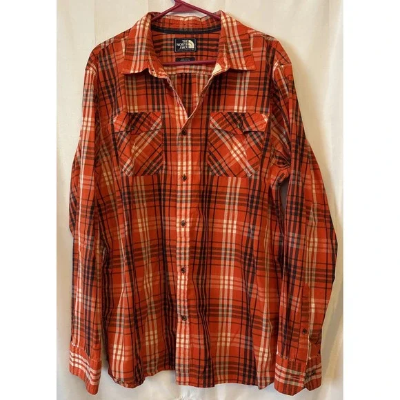 North Face Shirt Mens XL Orange Plaid Button‎ Up Hiking Camping Outdoors Work