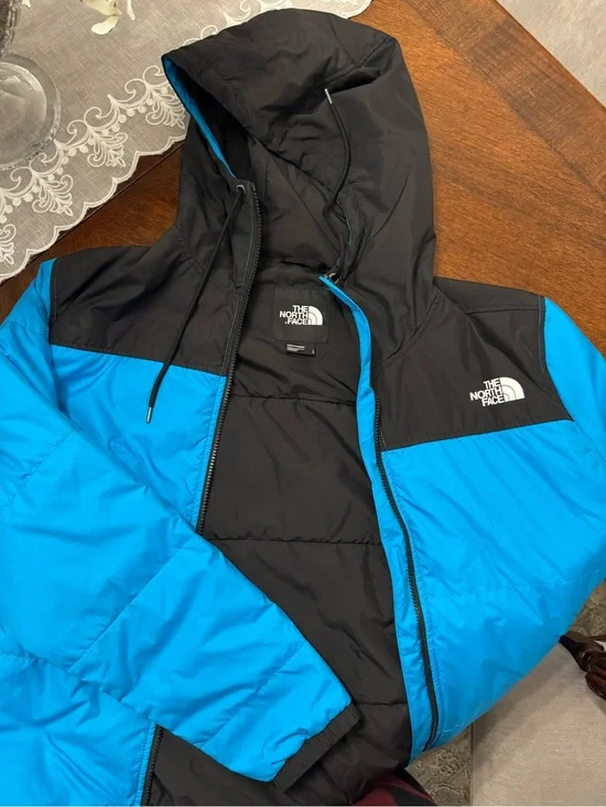 The North Face Black and Bright Blue Hooded Puffer Jacket