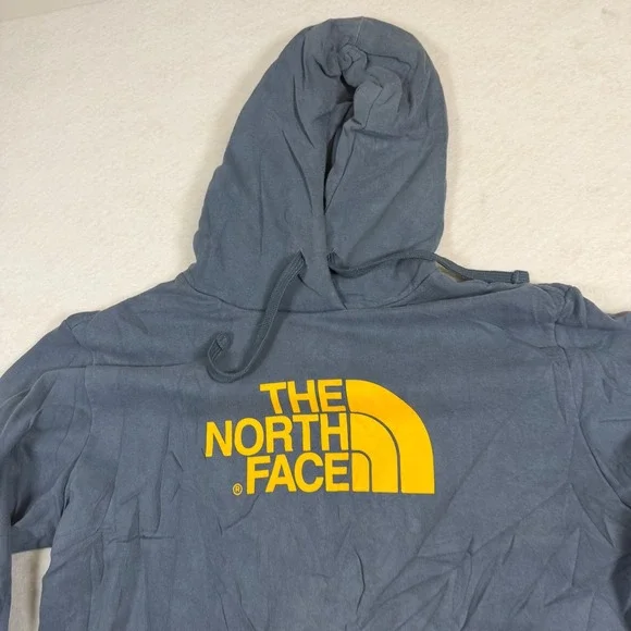 The North Face Mens Blue Yellow Logo Pullover Hoodie Fleece Sweatshirt Medium