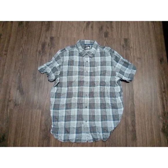 The North Face Shirt Mens Size Xl  Blue Gray Plaid Short Sleeve Button Down