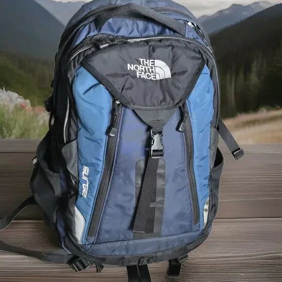 THE NORTH FACE Blue/Gray Nylon SURGE OUTDOOR BACKPACK Camping Hike Gym Gear Bag