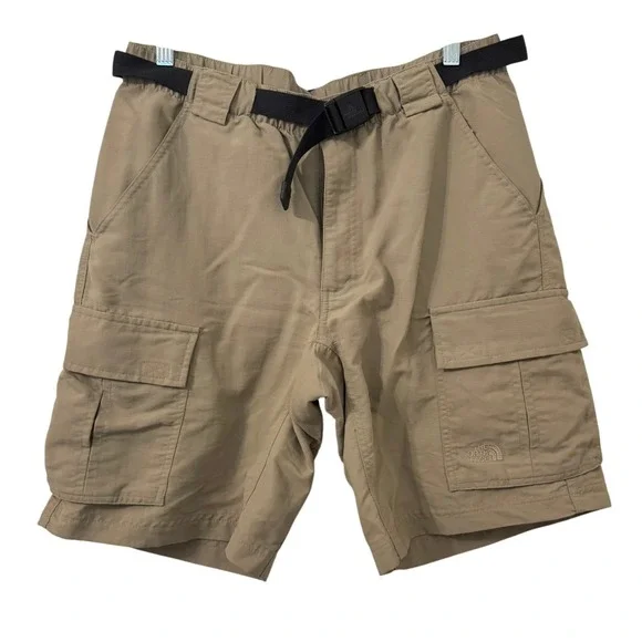 VTG The North Face Mens Khaki Nylon Cargo Shorts M Belted Hiking Gorpcore Y2K