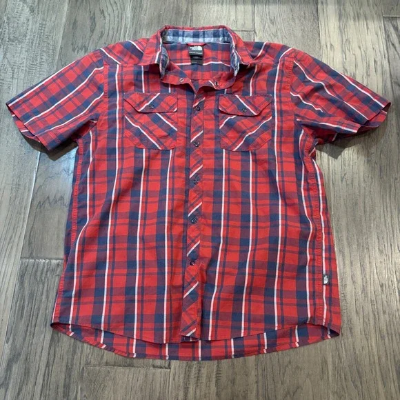 The North Face‎ Mens Large Plaid Button Down Short Sleeve Shirt Red Blue Casual